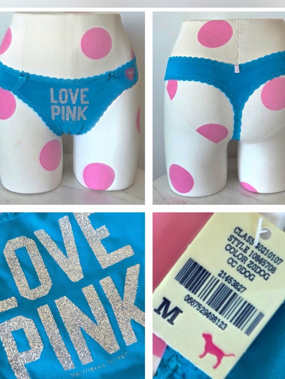 Victoria's Secret PINK VTG Blue LOVE PINK Glitter Thong Panty NWT HTF RARE Y2K
